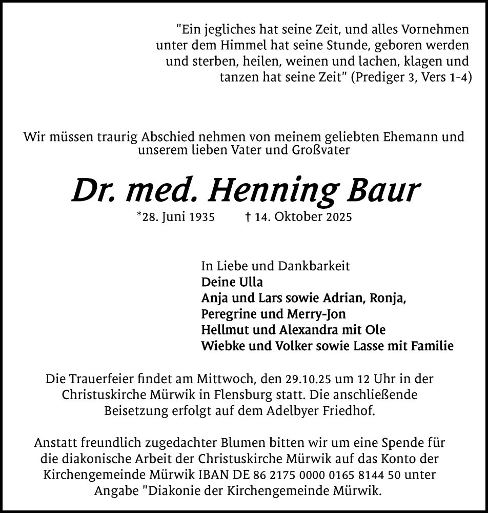  Traueranzeige für Henning Baur vom 18.10.2025 aus Flensburger Tageblatt