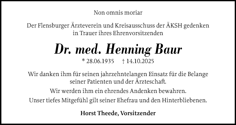  Traueranzeige für Henning Baur vom 25.10.2025 aus Flensburger Tageblatt