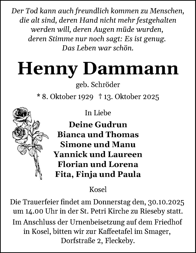  Traueranzeige für Henny Dammann vom 25.10.2025 aus Eckernförder Zeitung, Hallo Eckernförde