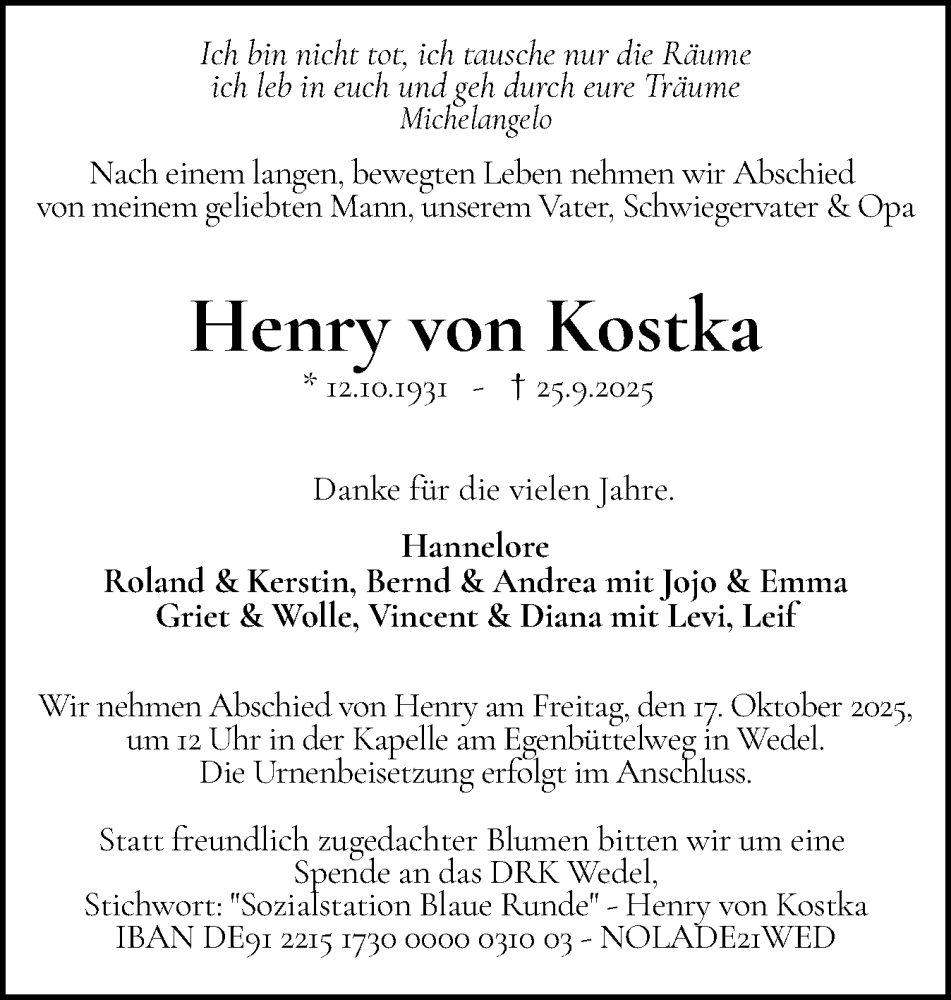  Traueranzeige für Henry von Kostka vom 11.10.2025 aus Wedel-Schulauer Tageblatt, tip Wedel-Schulauer Tageblatt, tip Rissener Rundschau