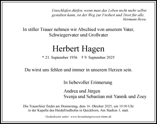 Traueranzeige von Herbert Hagen von Umschau