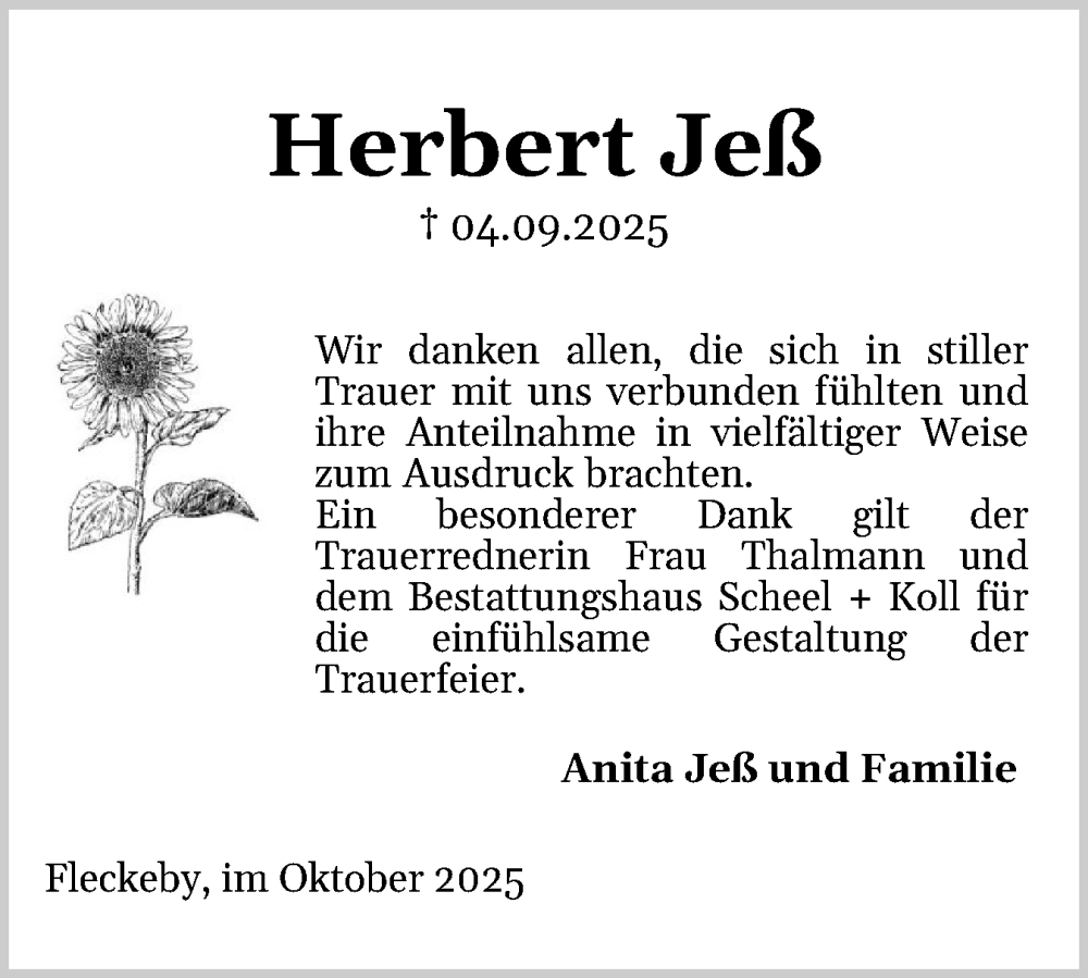  Traueranzeige für Herbert Jeß vom 11.10.2025 aus Eckernförder Zeitung, Hallo Eckernförde