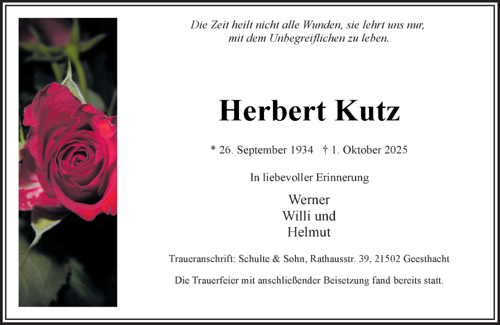  Traueranzeige für Herbert Kutz vom 11.10.2025 aus Wochenend Anzeiger