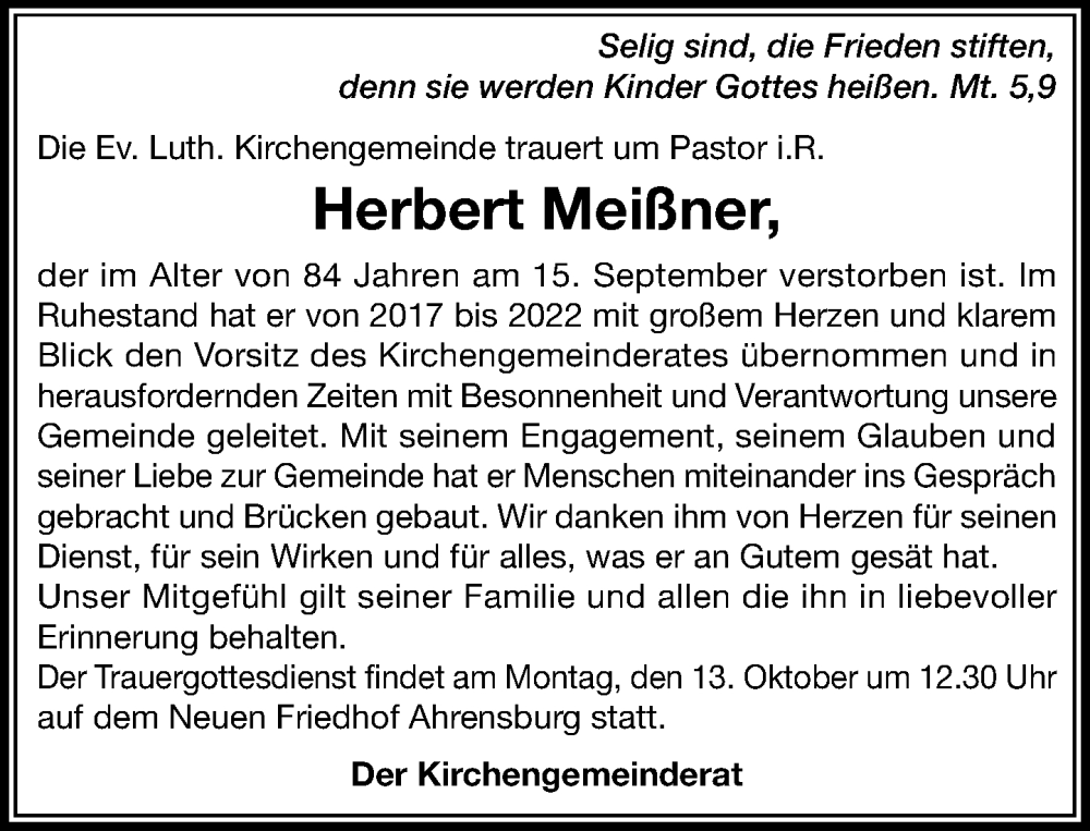  Traueranzeige für Herbert Meißner vom 11.10.2025 aus MARKT Ahrensburg/Bargteheide/Trittau und Stormarner Tageblatt