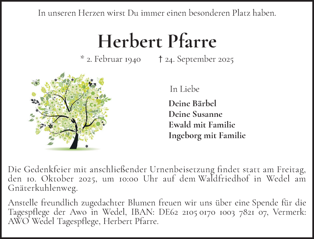  Traueranzeige für Herbert Pfarre vom 04.10.2025 aus Wedel-Schulauer Tageblatt, tip Wedel-Schulauer Tageblatt, tip Rissener Rundschau