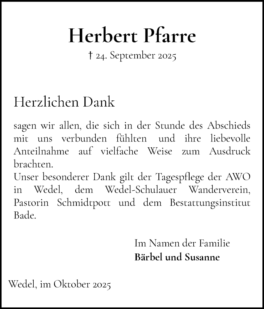  Traueranzeige für Herbert Pfarre vom 25.10.2025 aus Wedel-Schulauer Tageblatt, tip Wedel-Schulauer Tageblatt, tip Rissener Rundschau