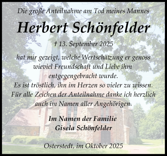 Traueranzeige von Herbert Schönfelder von Schleswig-Holsteinische Landeszeitung