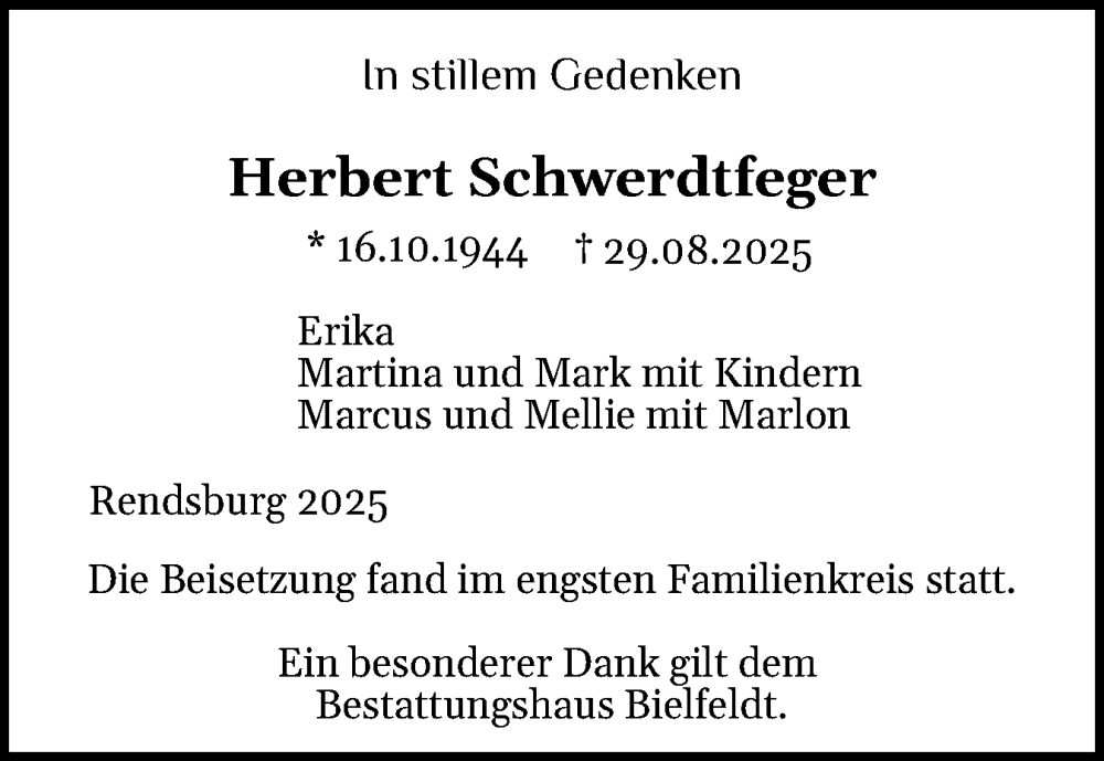  Traueranzeige für Herbert Schwerdtfeger vom 11.10.2025 aus Schleswig-Holsteinische Landeszeitung