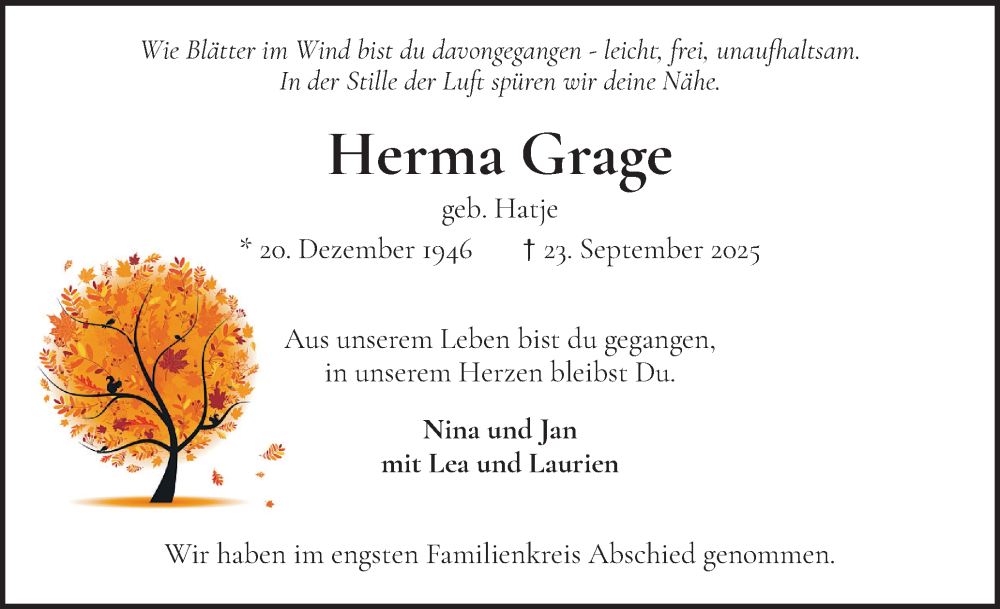  Traueranzeige für Herma Grage vom 11.10.2025 aus Wedel-Schulauer Tageblatt, tip Wedel-Schulauer Tageblatt, tip Rissener Rundschau