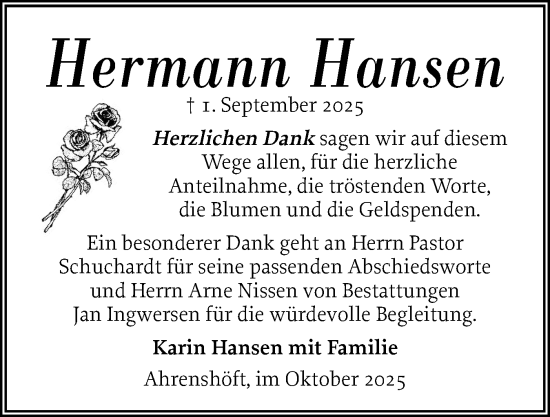Traueranzeige von Hermann Hansen von Husumer Nachrichten, Nordfriesland Tageblatt