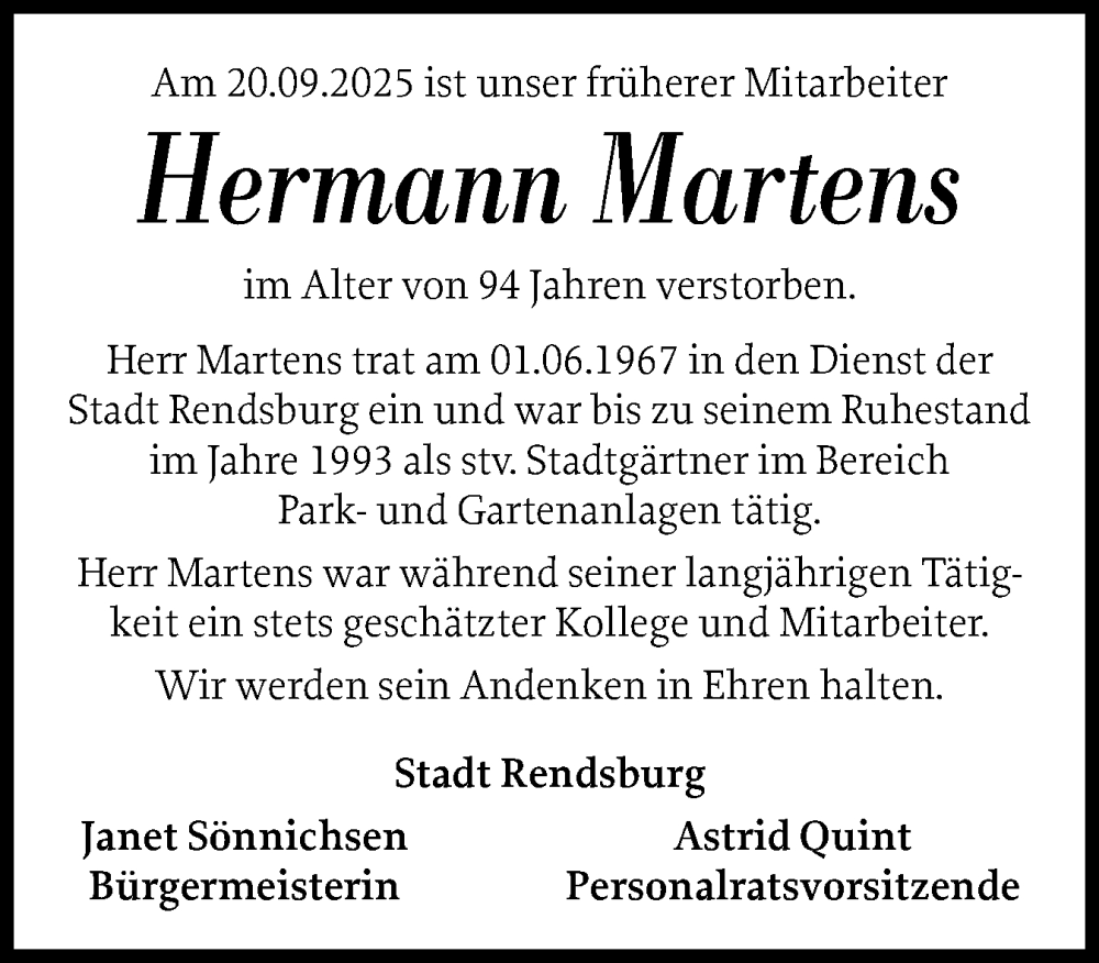  Traueranzeige für Hermann Martens vom 18.10.2025 aus Schleswig-Holsteinische Landeszeitung