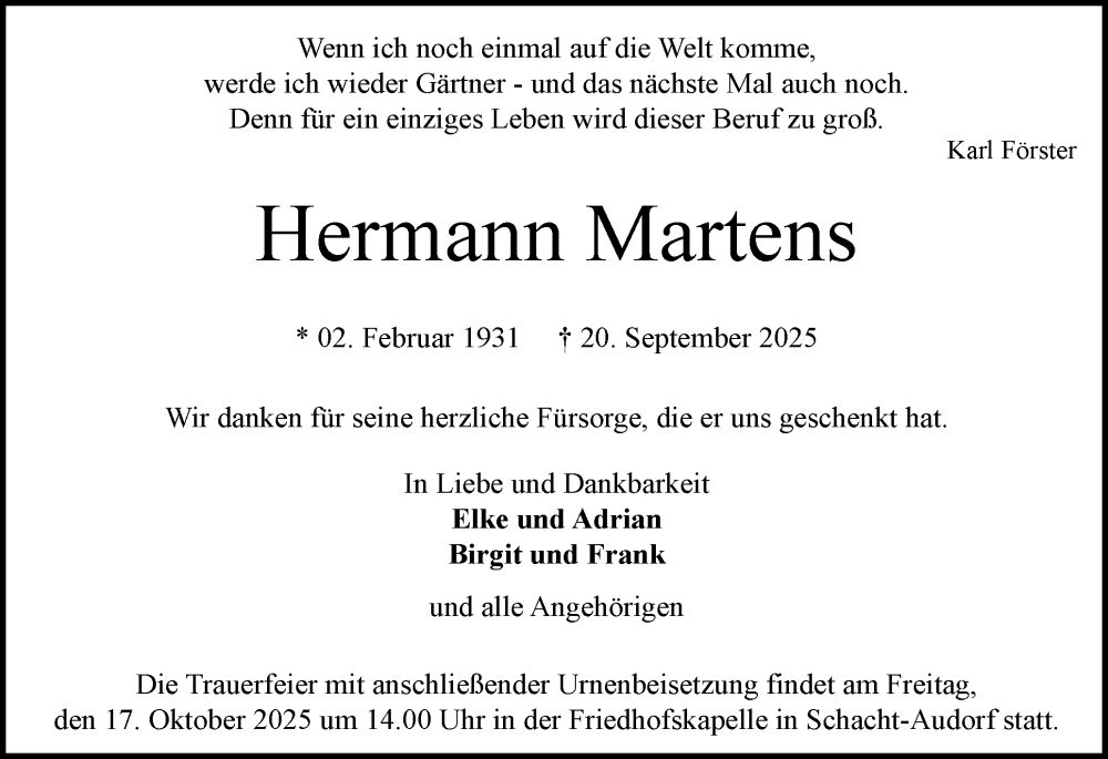  Traueranzeige für Hermann Martens vom 11.10.2025 aus Schleswig-Holsteinische Landeszeitung