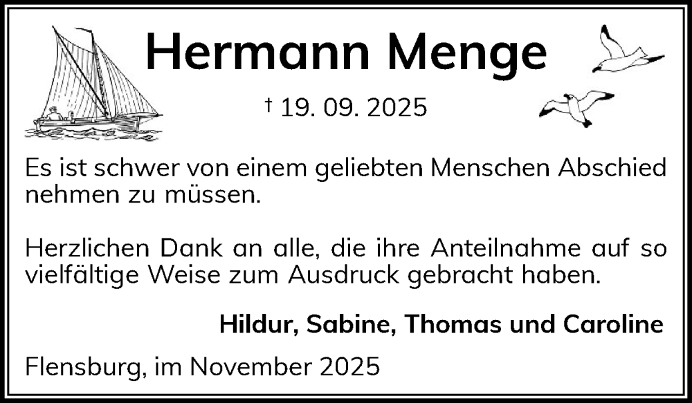  Traueranzeige für Hermann Menge vom 01.11.2025 aus Flensburger Tageblatt