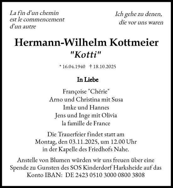 Traueranzeige von Hermann-Wilhelm Kottmeier von MARKT Ahrensburg/Bargteheide/Trittau und Stormarner Tageblatt