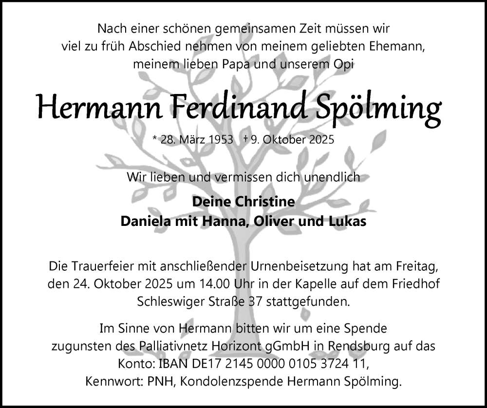  Traueranzeige für Hermann Ferdinand Spölming vom 25.10.2025 aus Hallo Eckernförde