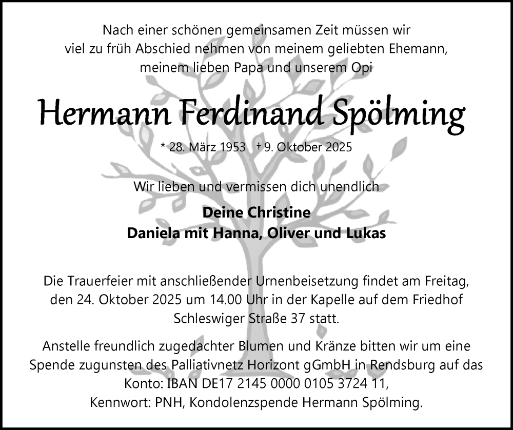  Traueranzeige für Hermann Ferdinand Spölming vom 20.10.2025 aus Eckernförder Zeitung