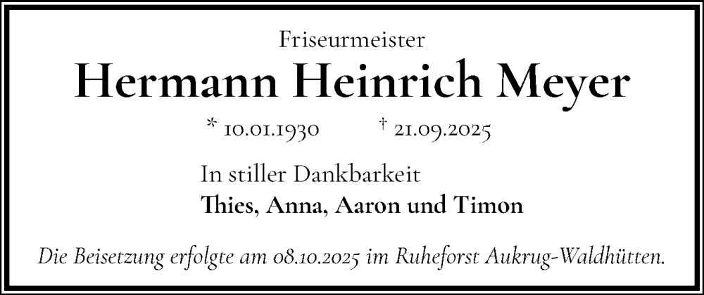  Traueranzeige für Hermann Heinrich Meyer vom 14.10.2025 aus Schleswig-Holsteinische Landeszeitung