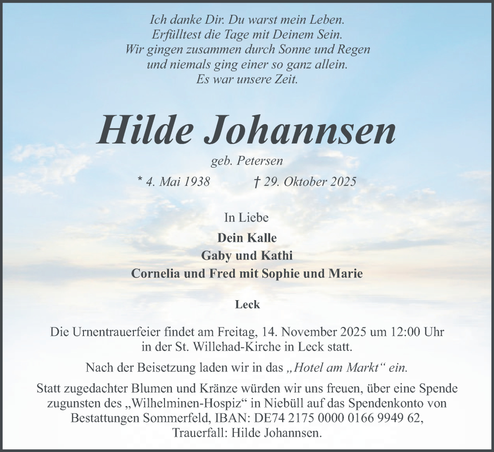  Traueranzeige für Hilde Johannsen vom 01.11.2025 aus Husumer Nachrichten, Nordfriesland Tageblatt