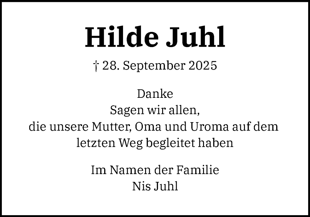  Traueranzeige für Hilde Juhl vom 25.10.2025 aus Eckernförder Zeitung