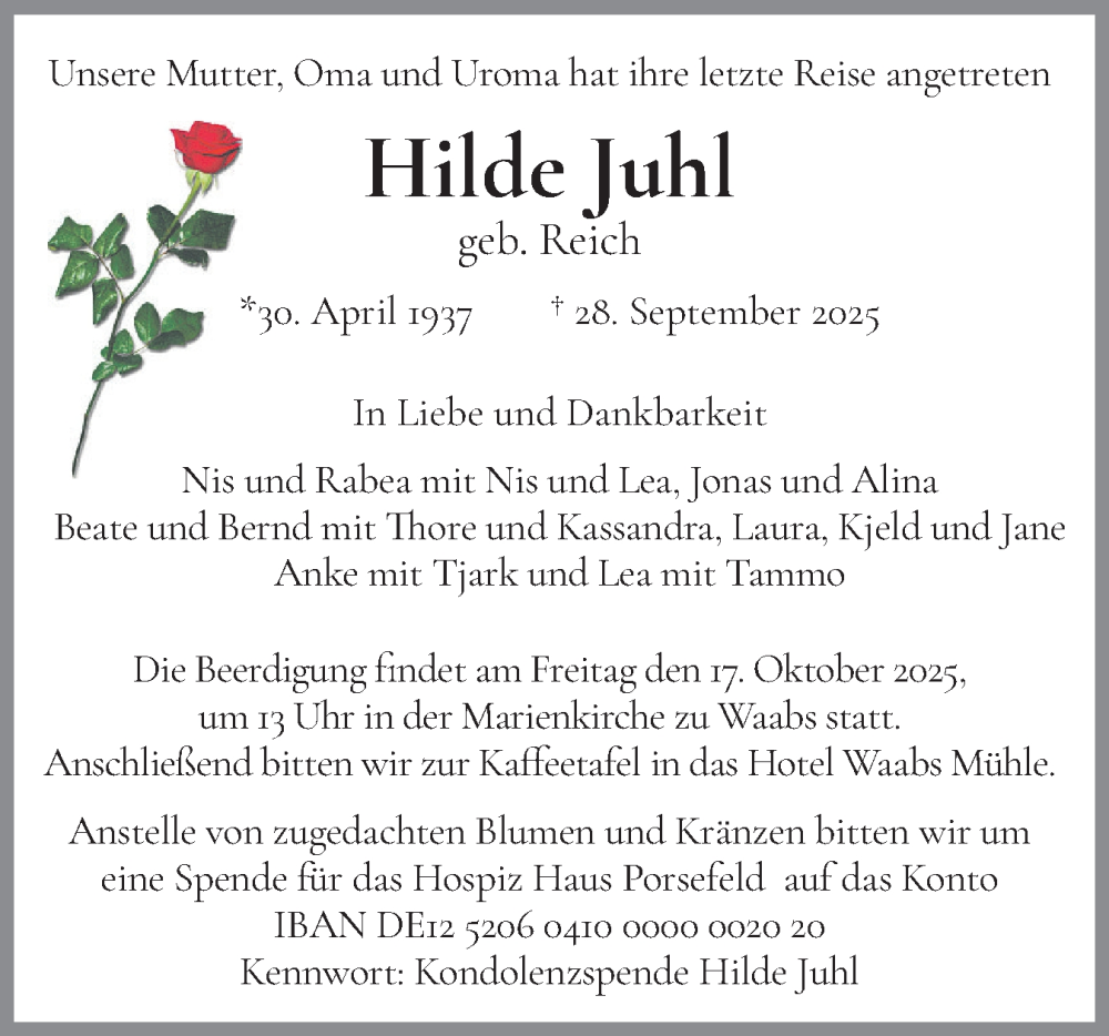  Traueranzeige für Hilde Juhl vom 04.10.2025 aus Region Flensburg