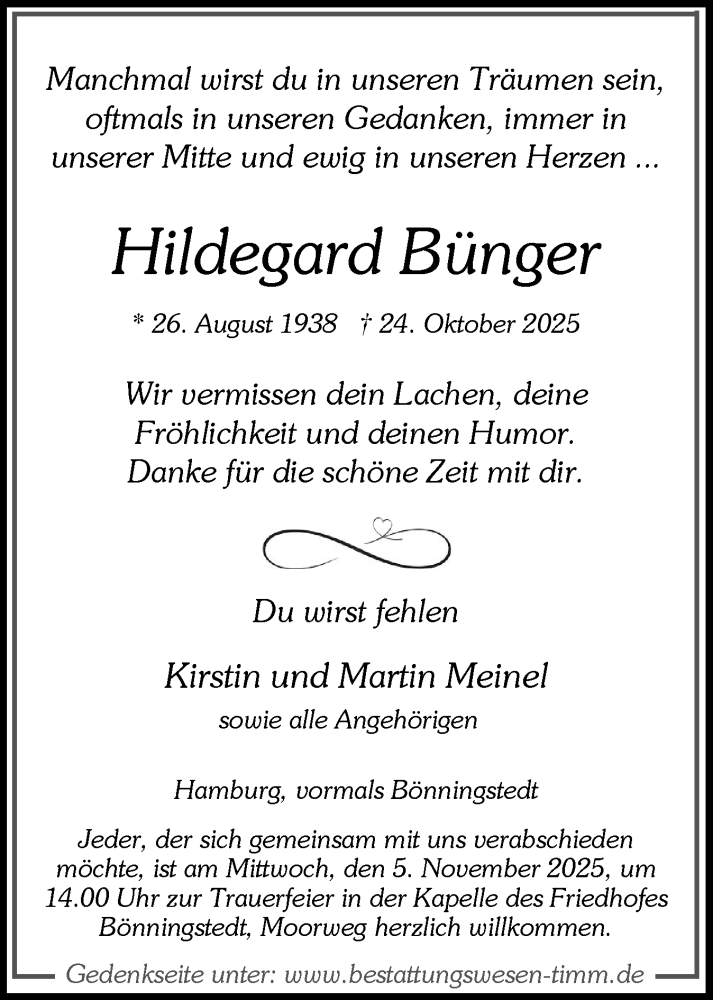  Traueranzeige für Hildegard Bünger vom 01.11.2025 aus Region Pinneberg und tip Pinneberg