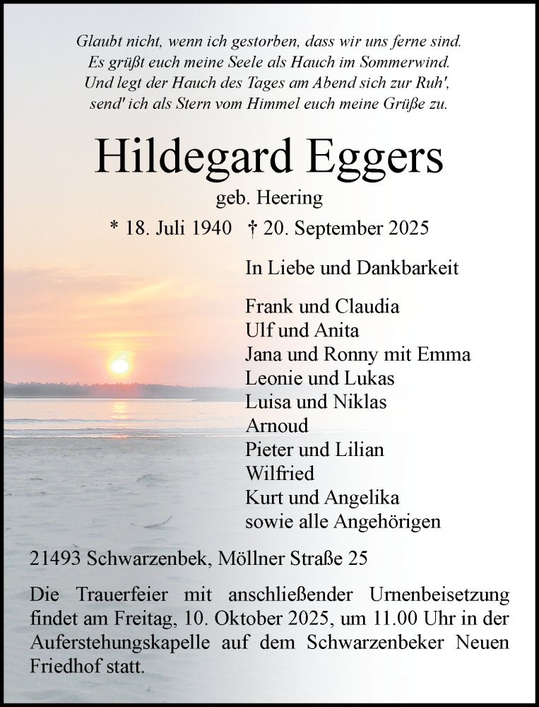  Traueranzeige für Hildegard Eggers vom 04.10.2025 aus Wochenend Anzeiger