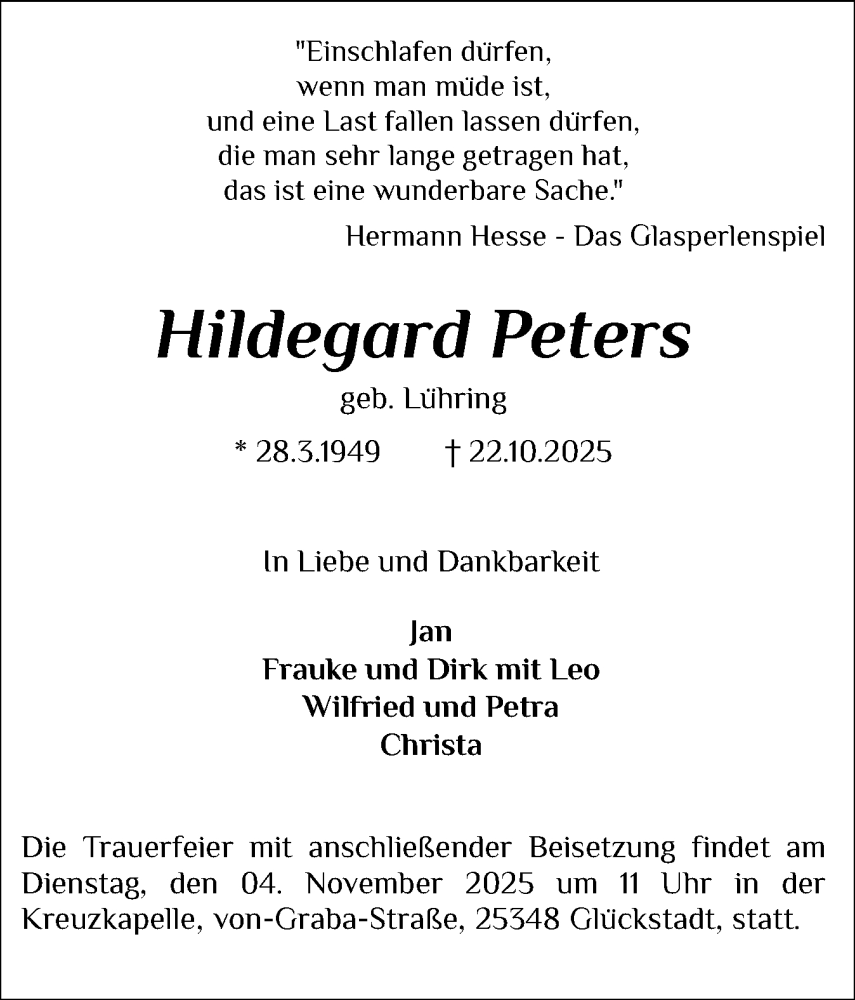  Traueranzeige für Hildegard Peters vom 01.11.2025 aus Norddeutsche Rundschau, Wilstersche Zeitung, Glückstädter Fortuna
