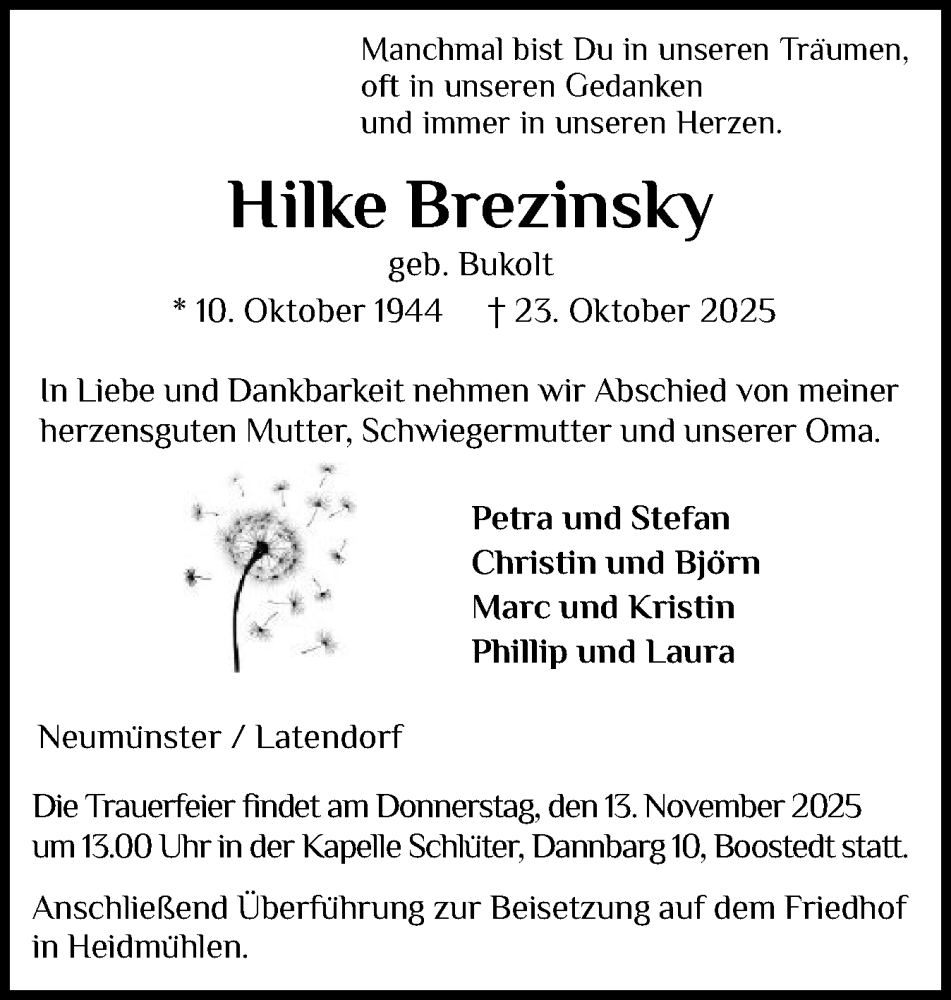  Traueranzeige für Hilke Brezinsky vom 01.11.2025 aus Holsteinischer Courier