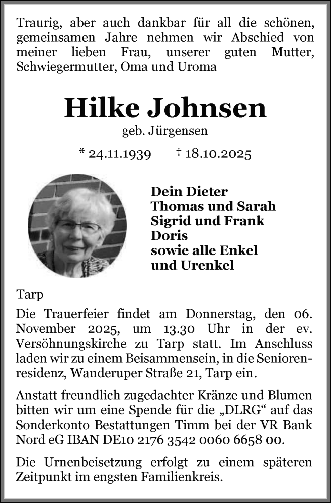  Traueranzeige für Hilke Johnsen vom 25.10.2025 aus Flensburger Tageblatt, Schleswiger Nachrichten, Schlei-Bote