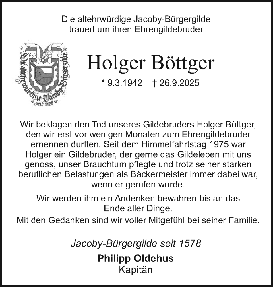  Traueranzeige für Holger Böttger vom 11.10.2025 aus Holsteinischer Courier