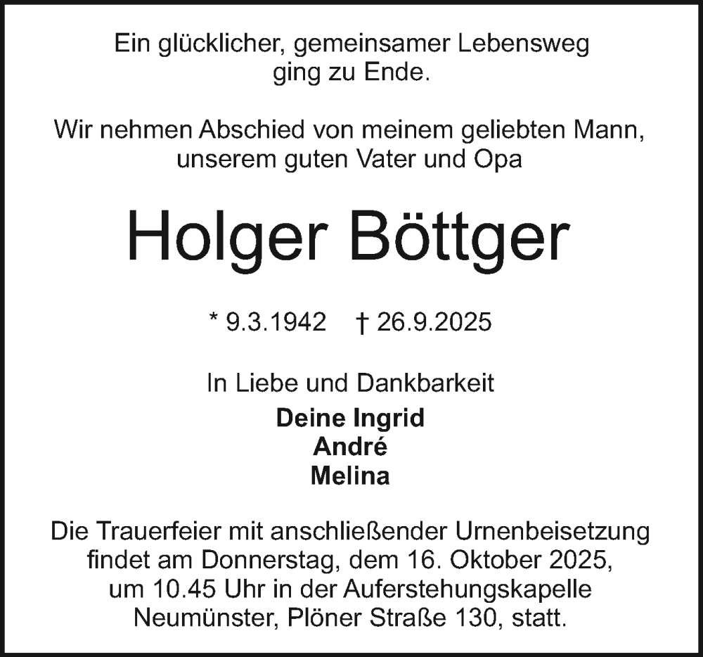  Traueranzeige für Holger Böttger vom 11.10.2025 aus Holsteinischer Courier
