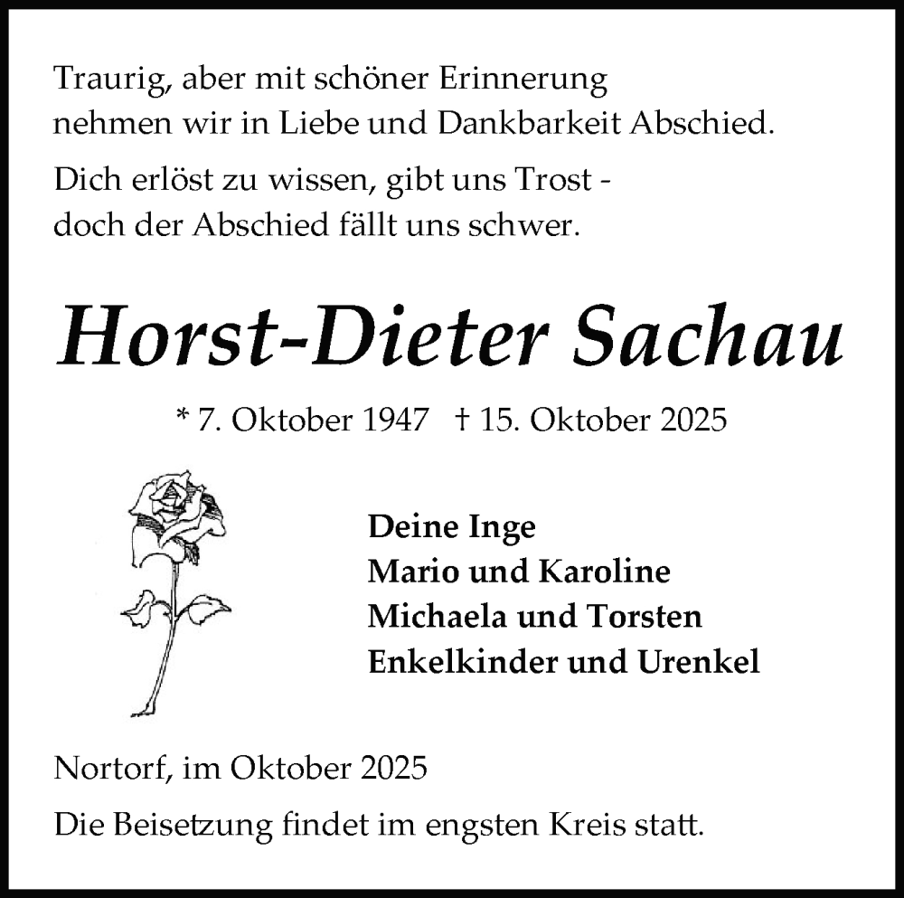  Traueranzeige für Horst-Dieter Sachau vom 01.11.2025 aus Schleswig-Holsteinische Landeszeitung