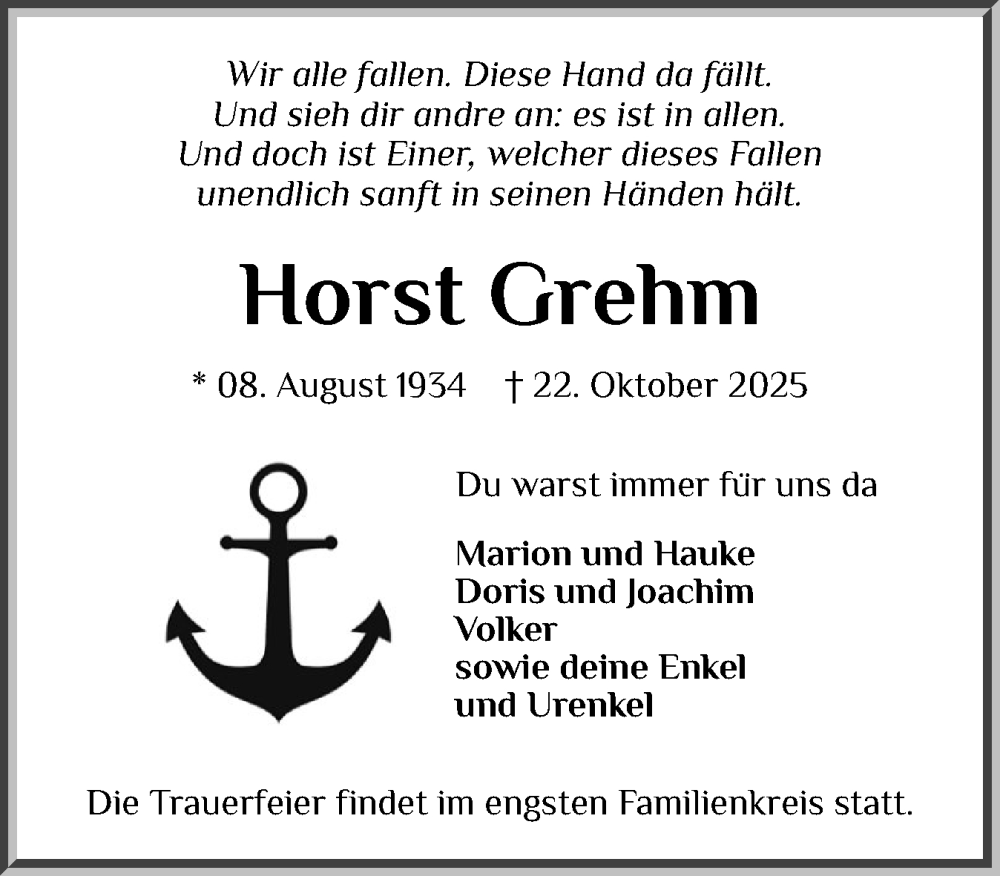  Traueranzeige für Horst Grehm vom 25.10.2025 aus Region Flensburg