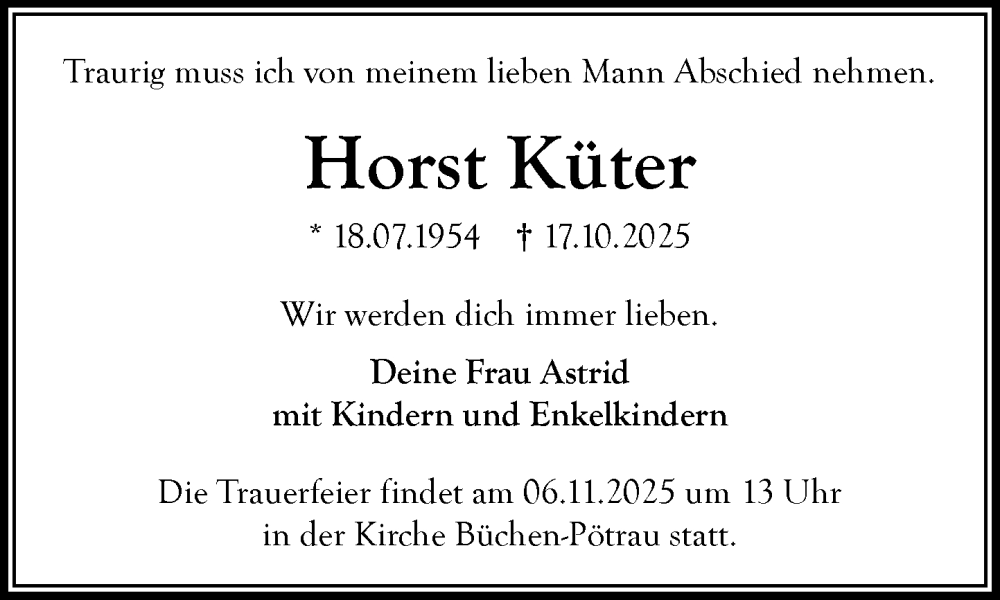  Traueranzeige für Horst Küter vom 01.11.2025 aus Wochenend Anzeiger