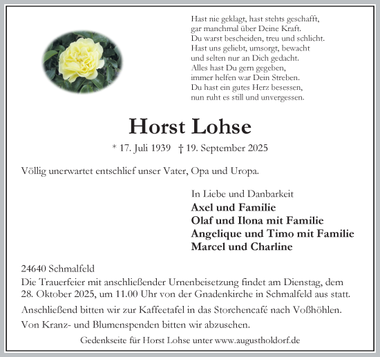 Traueranzeige von Horst Lohse von Umschau
