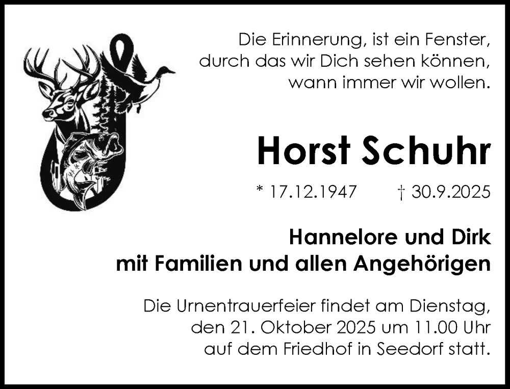  Traueranzeige für Horst Schuhr vom 18.10.2025 aus MARKT Ratzeburg/Mölln