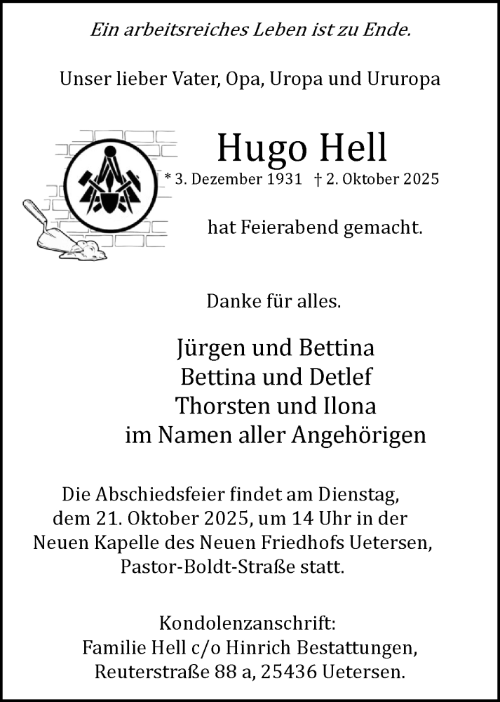  Traueranzeige für Hugo Hell vom 18.10.2025 aus Uetersener Nachrichten, Der tip am Wochenende
