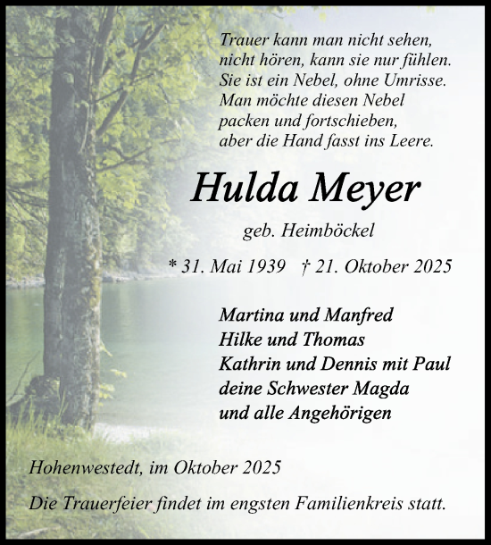 Traueranzeige von Hulda Meyer von Schleswig-Holsteinische Landeszeitung