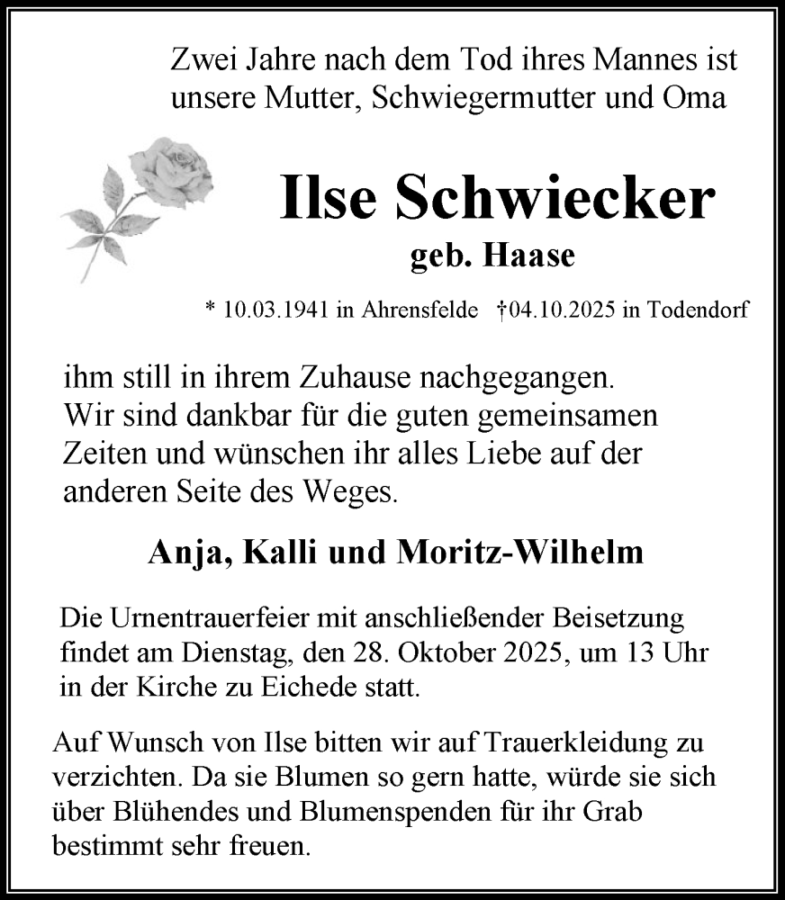  Traueranzeige für Ilse Schwiecker vom 18.10.2025 aus MARKT Ahrensburg/Bargteheide/Trittau und Stormarner Tageblatt