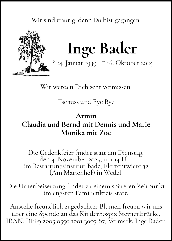  Traueranzeige für Inge Bader vom 01.11.2025 aus Wedel-Schulauer Tageblatt, tip Wedel-Schulauer Tageblatt, tip Rissener Rundschau