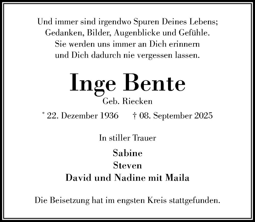  Traueranzeige für Inge Bente vom 04.10.2025 aus MARKT Glinde/Reinbek