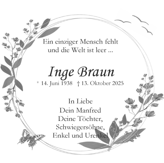 Traueranzeige von Inge Braun von Uetersener Nachrichten, Der tip am Wochenende