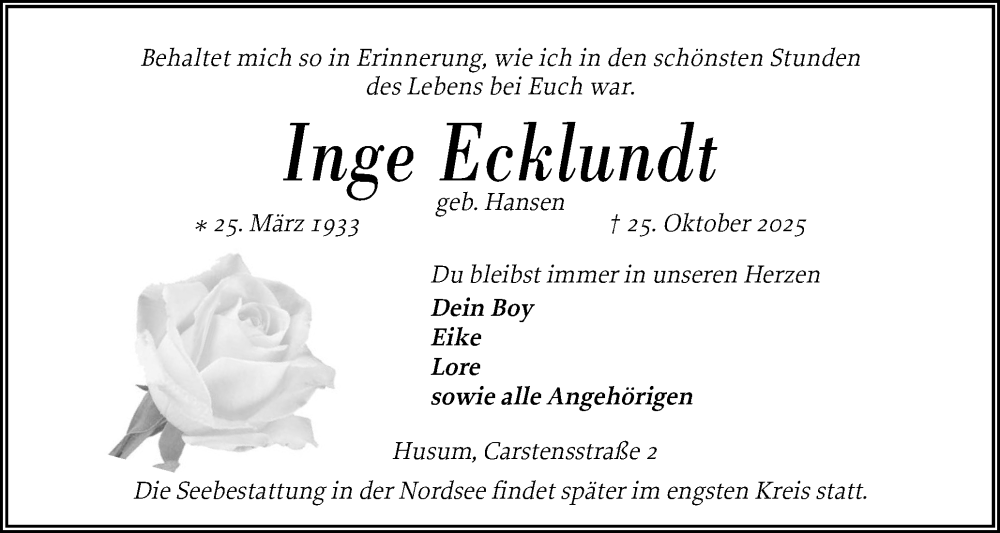  Traueranzeige für Inge Ecklundt vom 30.10.2025 aus Husumer Nachrichten, Nordfriesland Tageblatt