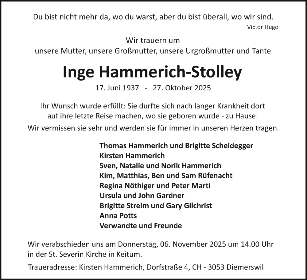  Traueranzeige für Inge Hammerich-Stolley vom 01.11.2025 aus Sylter Rundschau