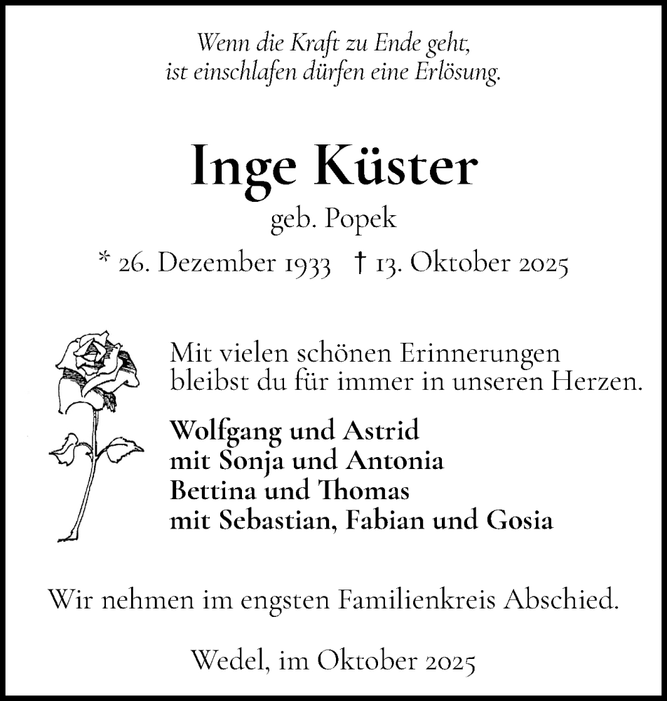  Traueranzeige für Inge Küster vom 25.10.2025 aus Wedel-Schulauer Tageblatt, tip Wedel-Schulauer Tageblatt, tip Rissener Rundschau