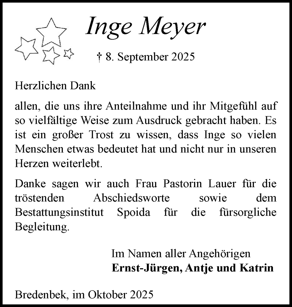  Traueranzeige für Inge Meyer vom 11.10.2025 aus Schleswig-Holsteinische Landeszeitung