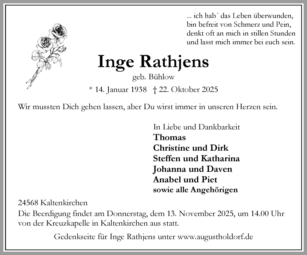  Traueranzeige für Inge Rathjens vom 01.11.2025 aus Umschau