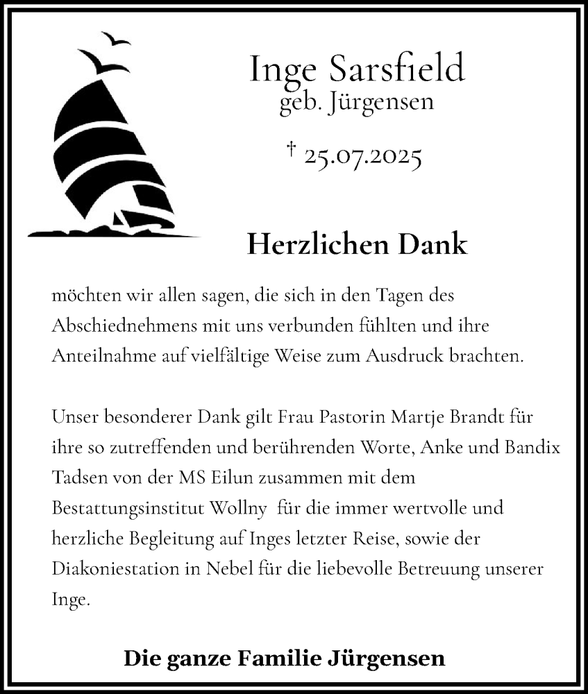  Traueranzeige für Inge Sarsfield vom 11.10.2025 aus Der Insel-Bote