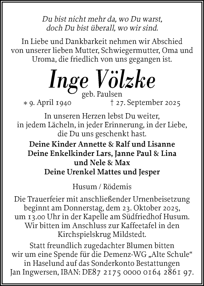  Traueranzeige für Inge Völzke vom 11.10.2025 aus Husumer Nachrichten, Nordfriesland Tageblatt