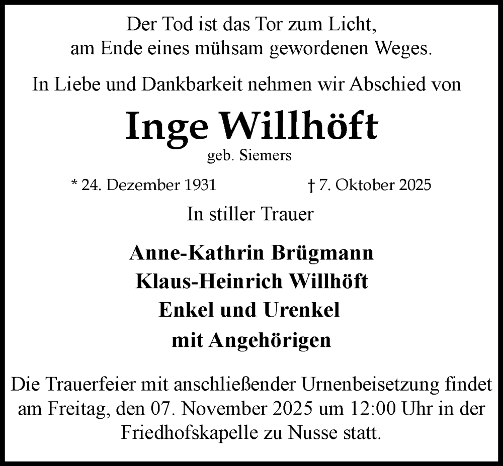  Traueranzeige für Inge Willhöft vom 01.11.2025 aus MARKT Ratzeburg/Mölln